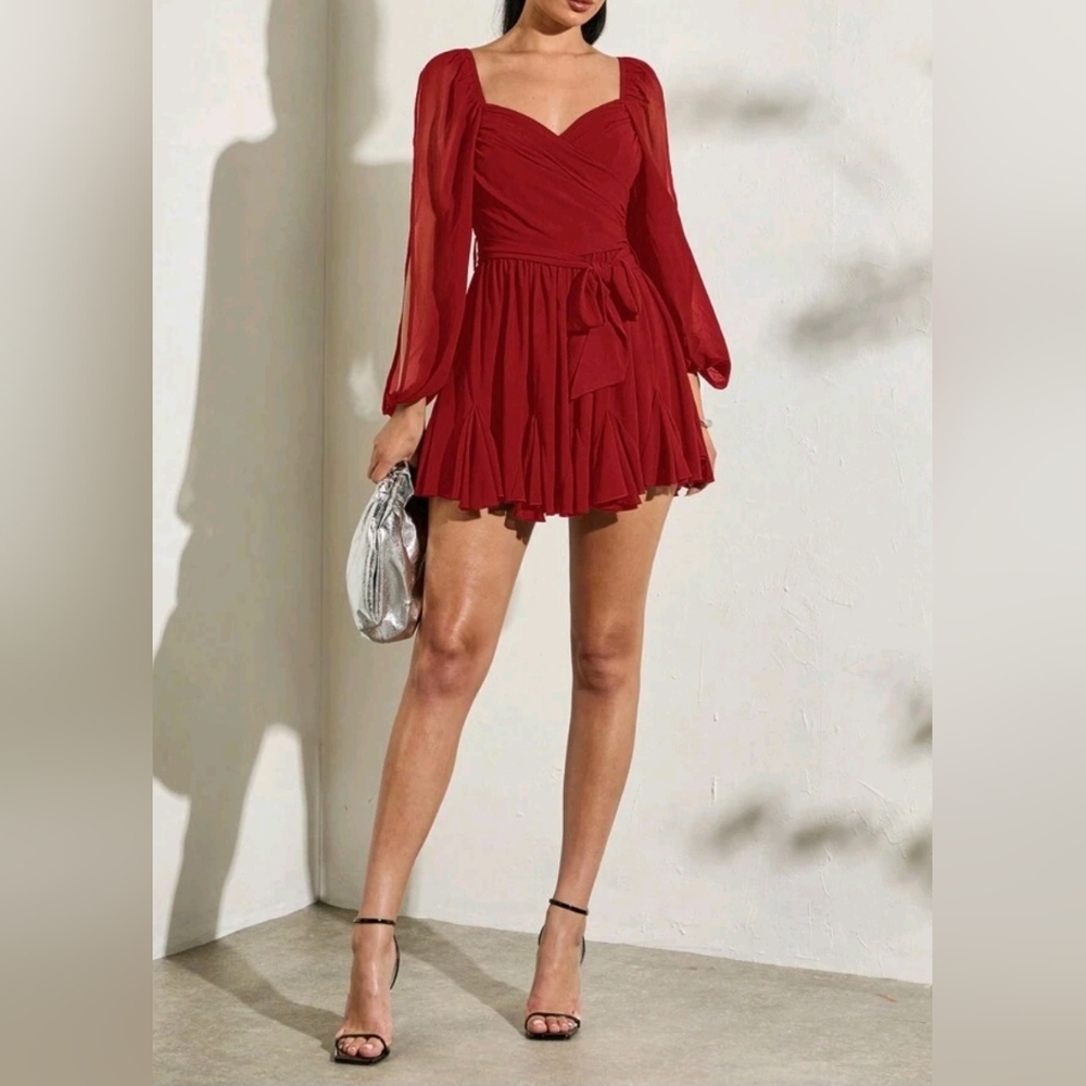 NEW Flowy Sheer Wrap Top Split Sleeve Godet Dress Romper Red
